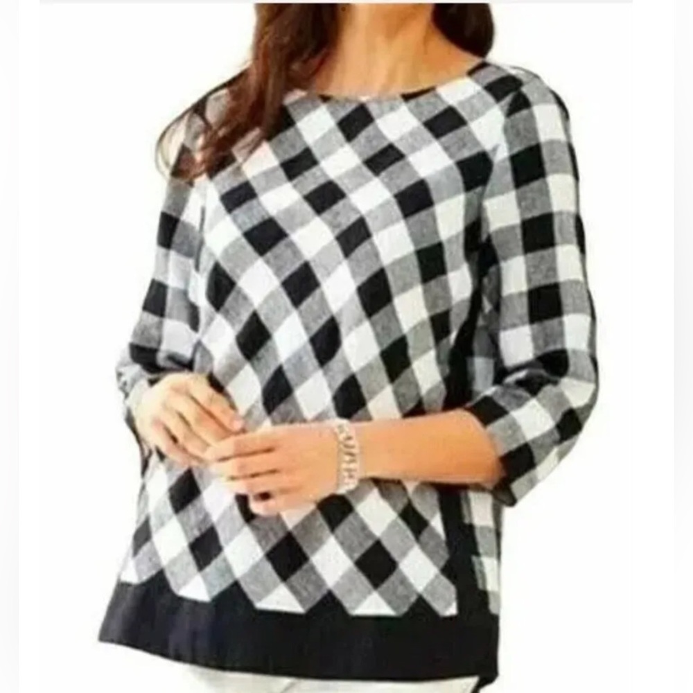 J. Jill Love Linen Gingham Buffalo Check Linen Tunic Top Black White Classic